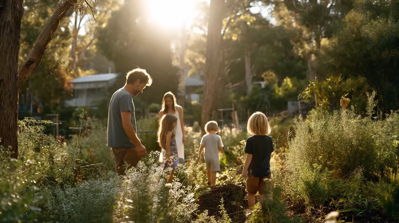 A young Australian family walking through a lush, thriving bush garden in warm late-afternoon light, parents and children among abundant herbs and wildflowers, a home softly behind the eucalyptus trees