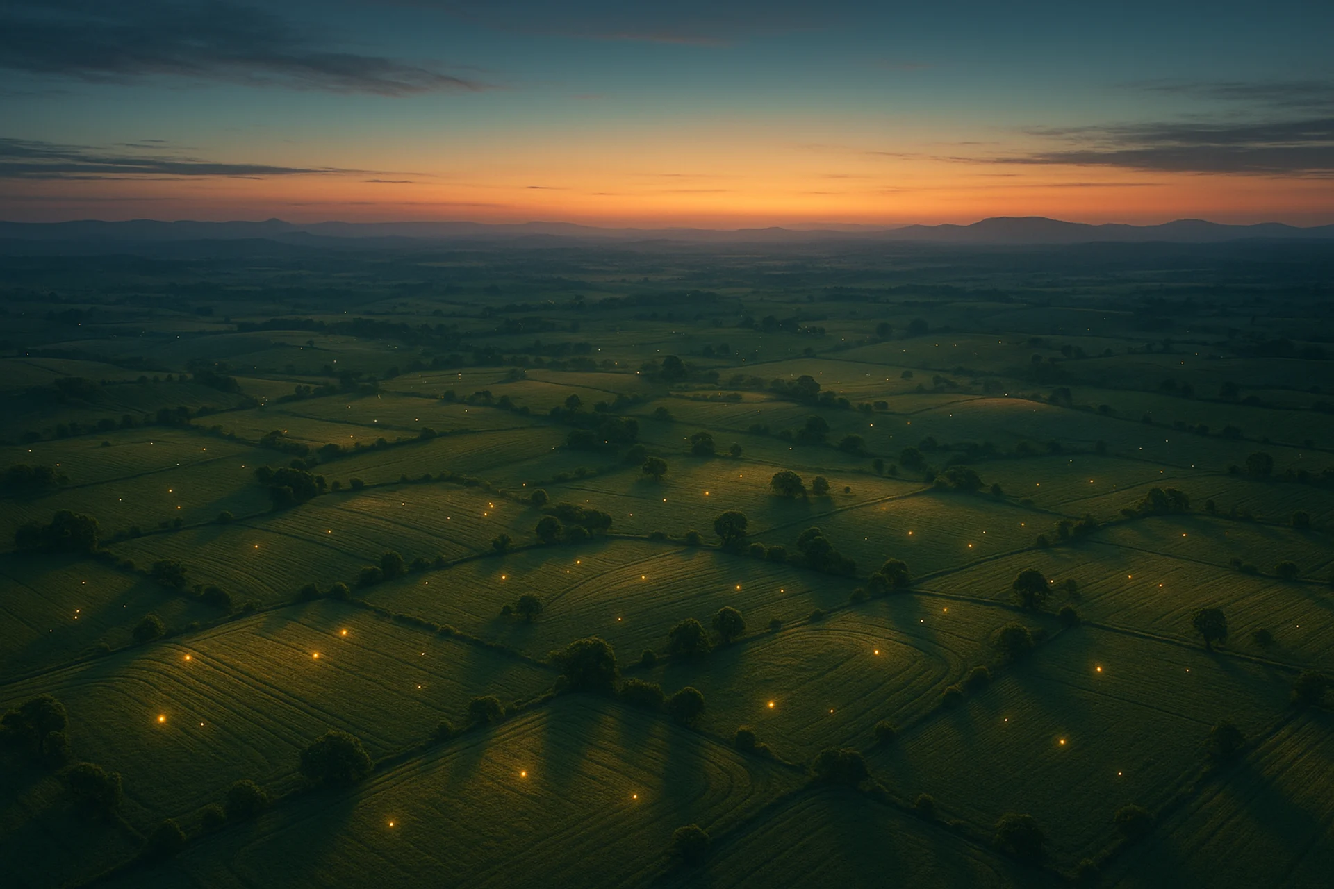 A real dusk aerial of Australian farmland, green regenerated fields to the horizon, the living land the proven path crosses